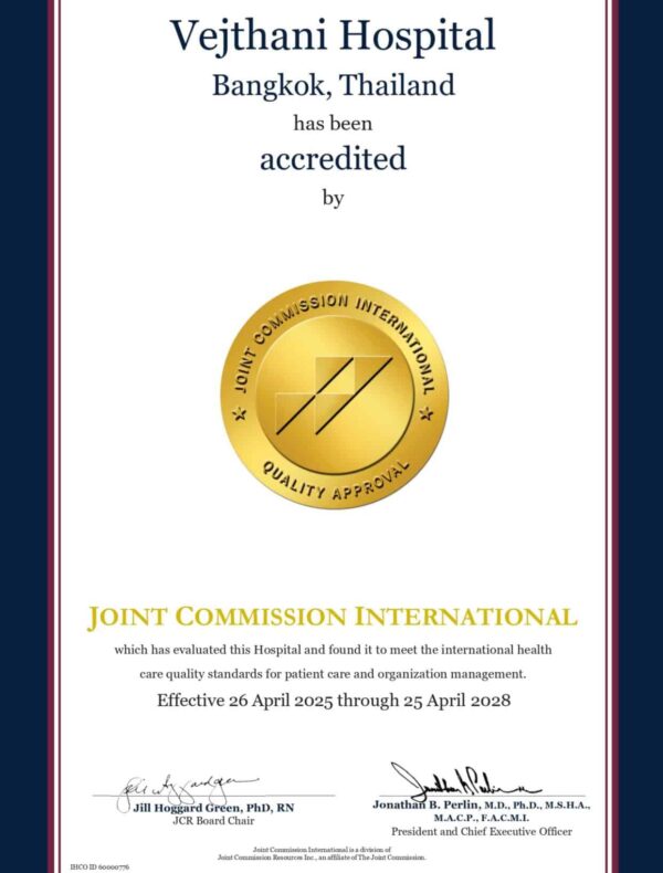ใบประกาศเกียรติคุณรับรองมาตรฐาน JCI ที่มอบให้แก่โรงพยาบาลเวชธานี