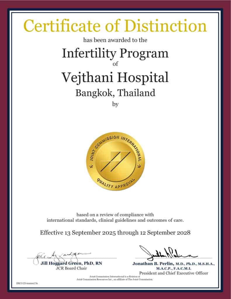 ใบประกาศเกียรติคุณรับรองมาตรฐาน JCI ที่มอบให้แก่ VFC Center